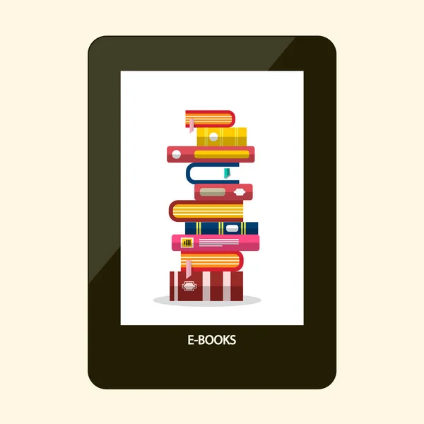 Lector de libros electrónicos. Dispositivo de lector electrónico con libros en pantalla. Ilustración de diseño plano vectorial . — Vector de stock