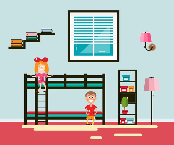 Quarto Kids com Cama e Janela. Boy and Girl Vector Flat Design Home Ilustração Interior . — Vetor de Stock