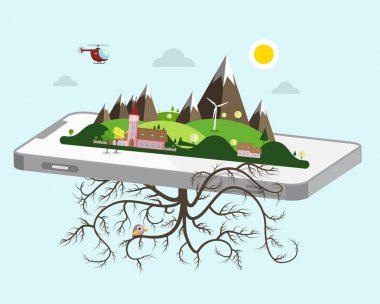 Manzara cep telefonu üzerinde. Vektör doğa sembolü.