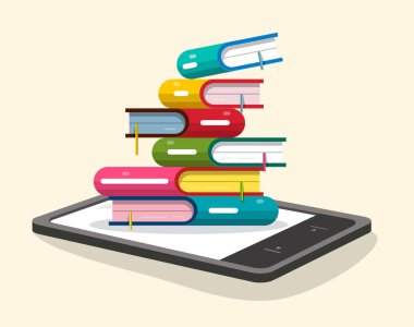 Kitap yığın E-kitap okuyucu ile. Vektör düz Ebooks tasarlamak.