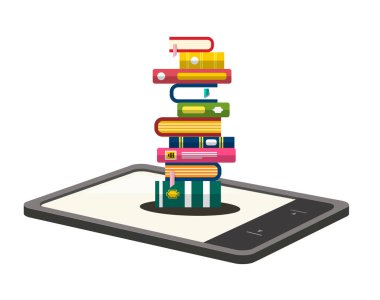 E-kitap okuyucu ile kitap yığını. Beyaz arka plan üzerinde izole vektör Illsutration.