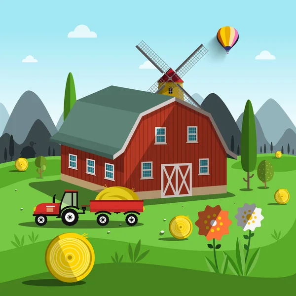 Bauernhof. Vektor-Cartoon mit Traktor, Gebäude und Bergen im Hintergrund. — Stockvektor