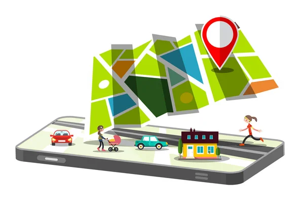 Stadtplan-App auf dem Handy isoliert auf weißem Hintergrund. GPS-Navigationssymbol mit Autos und Menschen. — Stockvektor