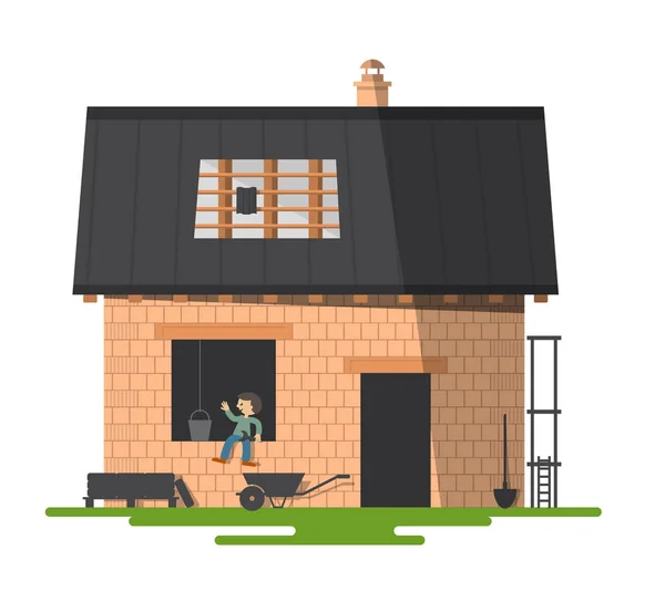 Construyendo una nueva casa familiar. Ilustración de construcción vectorial con ladrillos y techo . — Vector de stock