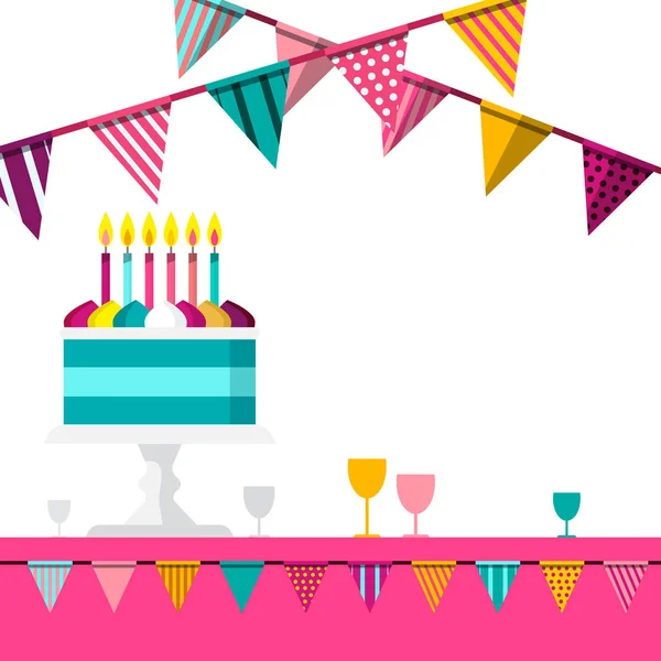 Fondo de la fiesta con banderas y pastel. Decoración de celebración vectorial . — Archivo Imágenes Vectoriales