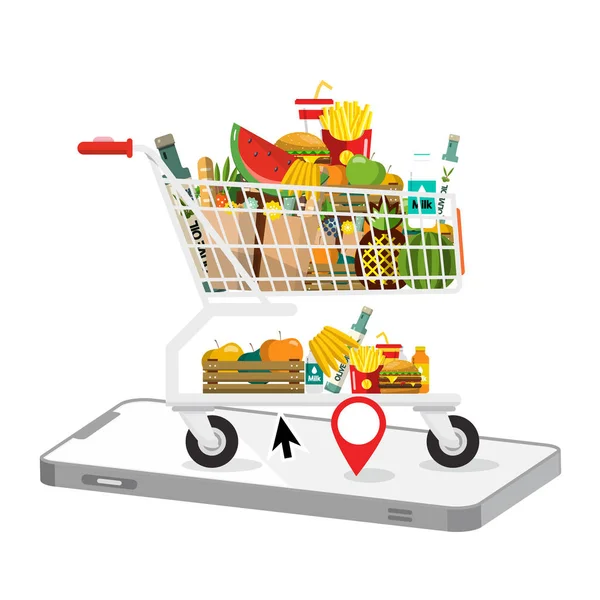 Carrello shopping con cellulare. Simbolo dell'applicazione E-Shop vettoriale . — Vettoriale Stock