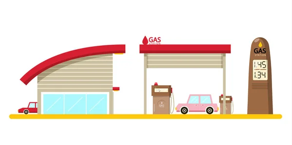 Vector Flat Design Gas Station with Cars Isolated on White Background. — Stock Vector