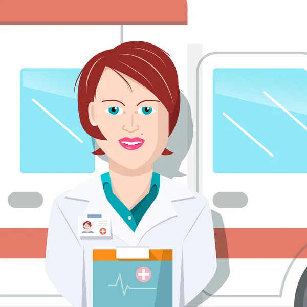 Femme médecin avec voiture ambulancière sur fond. Vecteur . — Image vectorielle