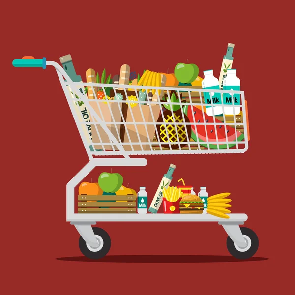 Warenkorb mit Waren. Einkaufswagen mit Lebensmitteln. Vektor flaches Design Illustration. — Stockvektor