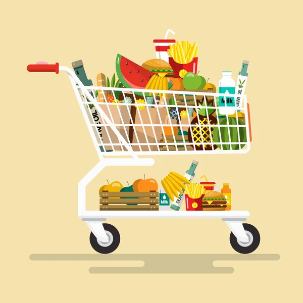 Carrello della spesa con prodotti alimentari. Icona di design piatto vettoriale . — Vettoriale Stock