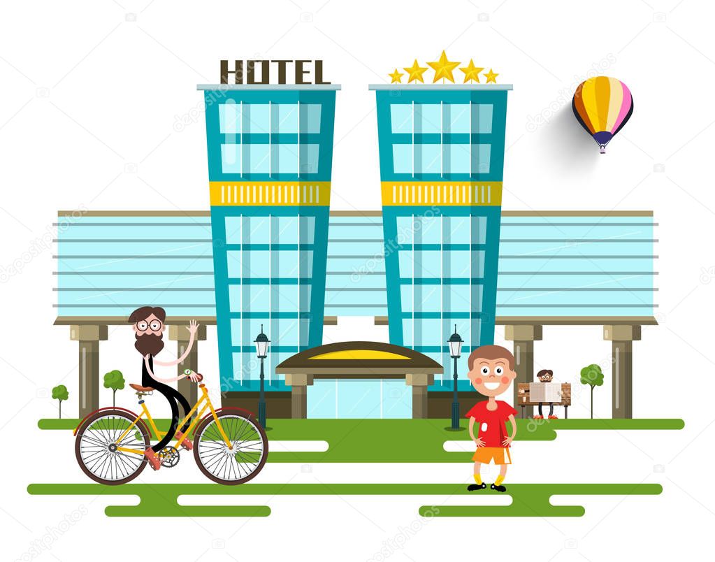 Modern Hotel Buildings. Vector Flat Design City with People.