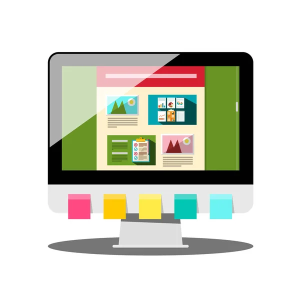 Renkli kağıtlar ve Web Tasarım ekranında olan bilgisayar — Stok Vektör