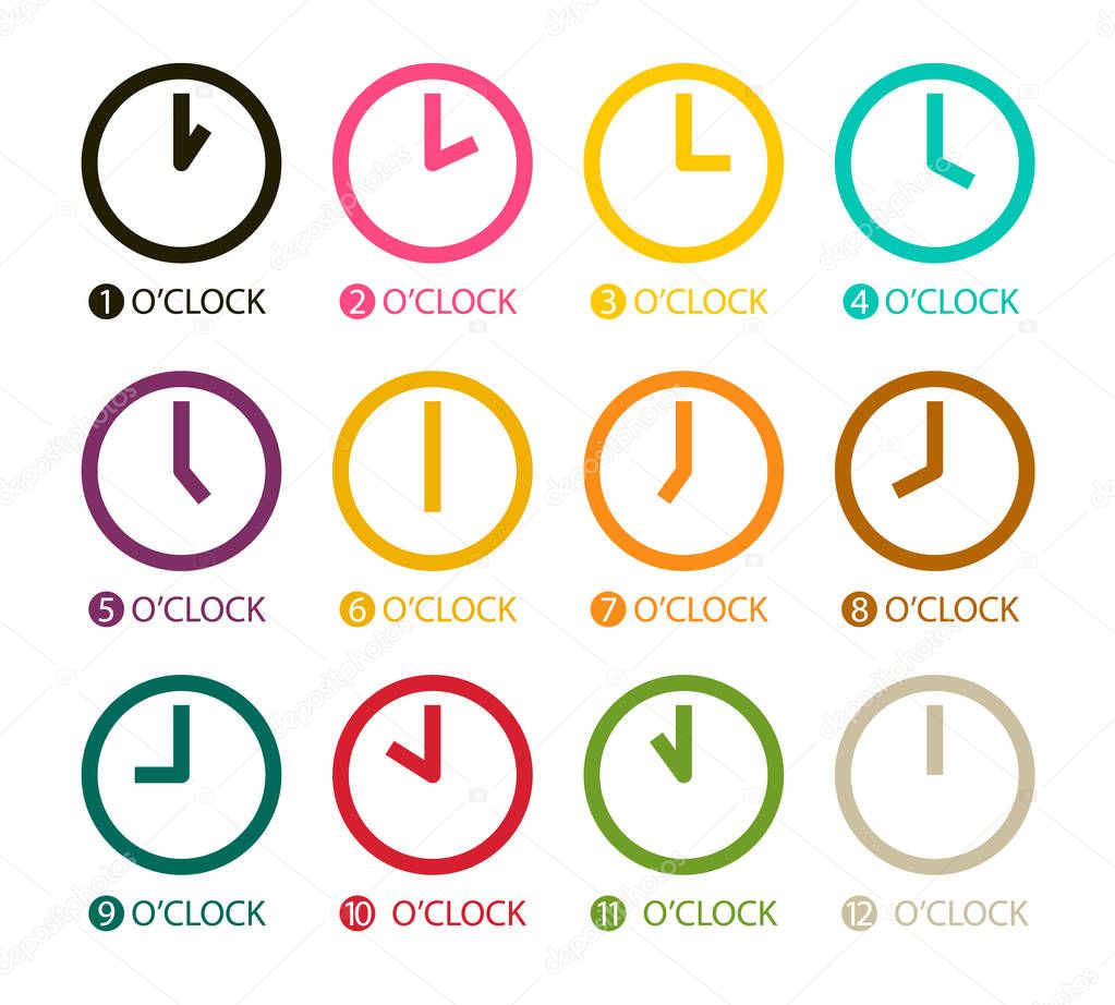 Colorful Clock Icons Set Isolated on White Background. Vector Time Symbols.