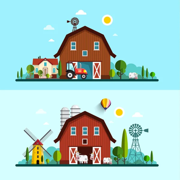 Farm with Barn, Windmill and Cows. Vector Flat Design Rural Scene. — Stock Vector