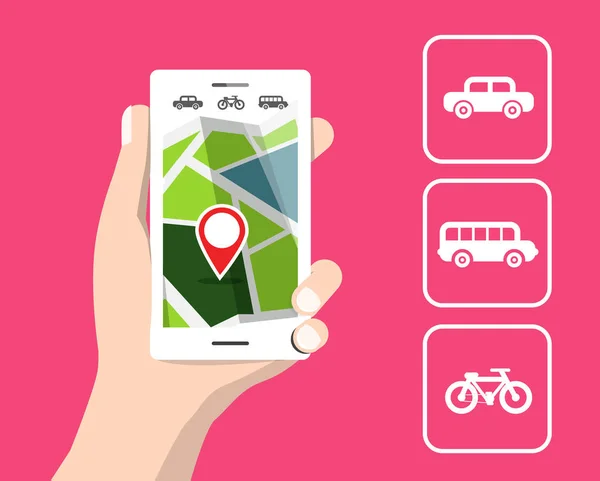 De kaart van de vector op mobiel. Reizen per auto, fiets en Bus. GPS locatie. — Stockvector
