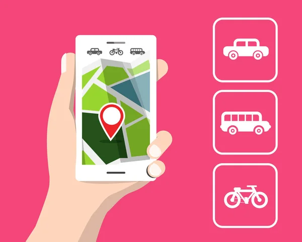 ベクトル地図携帯電話。車、自転車やバスで旅行します。Gps による位置情報. — ストックベクタ