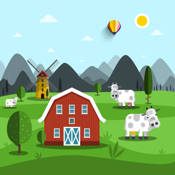 Farm Cartoon. Paisaje vectorial con vacas y casa . — Vector de stock