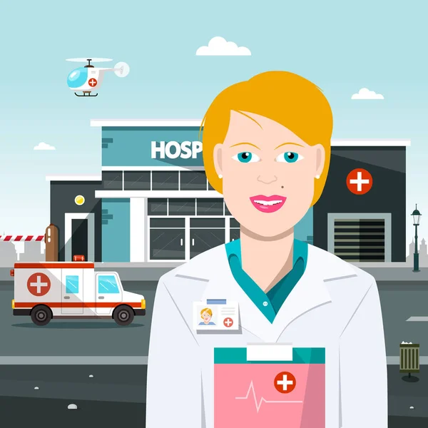 Kvinna läkare med sjukhus på bakgrund. Vektorillustration med ambulans bil och helikopter. — Stock vektor