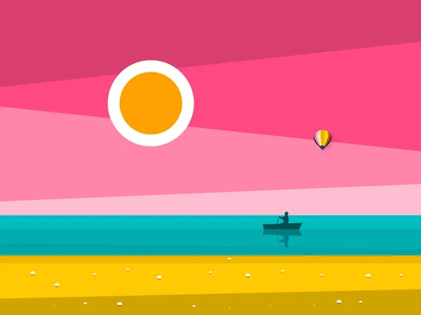 Sunset Ocean Landscape. Sunrise Sea with Man on Rowing Boat Silhouette (en inglés). Ilustración de diseño plano vectorial . — Vector de stock