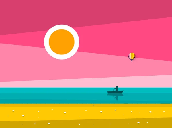 Sunset Ocean Landscape. Sunrise Sea with Man on Rowing Boat Silhouette (en inglés). Ilustración de diseño plano vectorial . — Archivo Imágenes Vectoriales