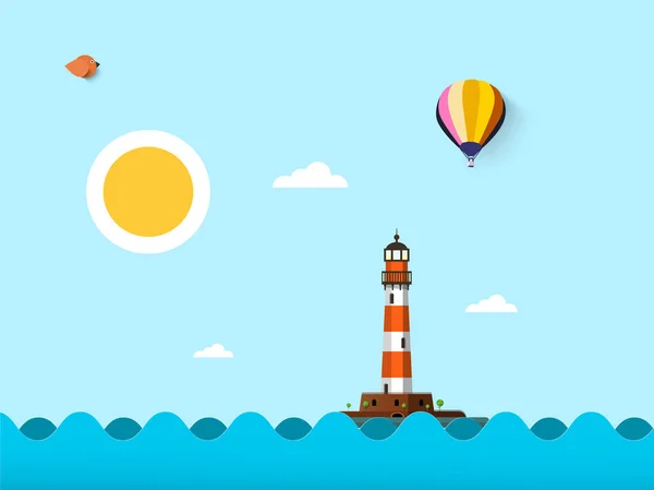 Solig dag på havet. Vector platt Design Ocean landskap med fyr, solen, fågel och luftballong på blå himmel. — Stock vektor
