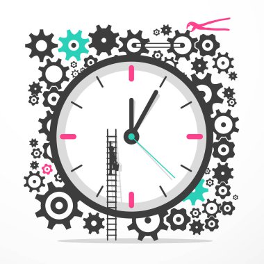 Saat simgesini çarkları ile. Büyük saat merdiveninde adamla. Bakım - onarım sembolü. 