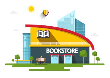 Kitapçı bina cephe kitap sembolü ile. Vektör.