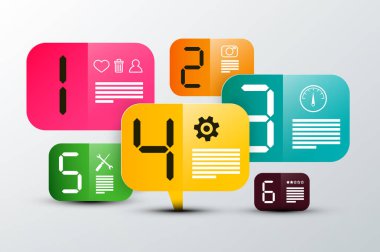 Altı adımda Infographic yaratıcı tasarım. Vektör renkli kağıt etiketleri ile düz kutsal kişilerin resmi. Infographics Web şablonu.