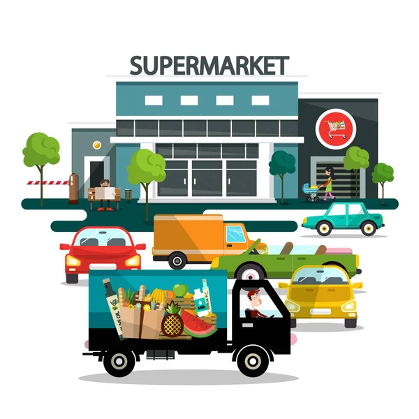 Edificio de supermercados con coches — Vector de stock