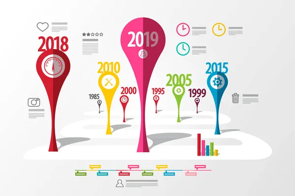 Farbenfrohe Vektorzeitachse. Infografik-Vorlage mit Jahren. Geschäftlicher Fahrplan für kreative Technologien. — Stockvektor
