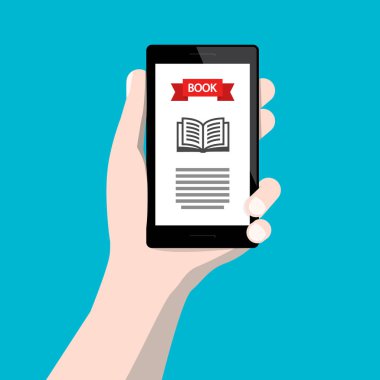 EBook okuma - elektronik kitap aygıt. İnsan elinde düz tasarım vektör E-kitap okuyucu.