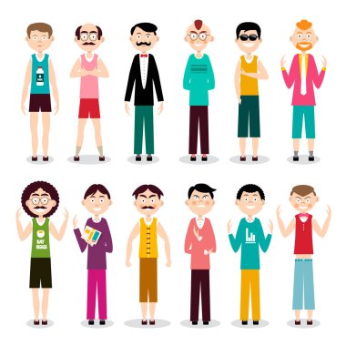 Men karakterleri. Vektör düz tasarım Funky adam Set.