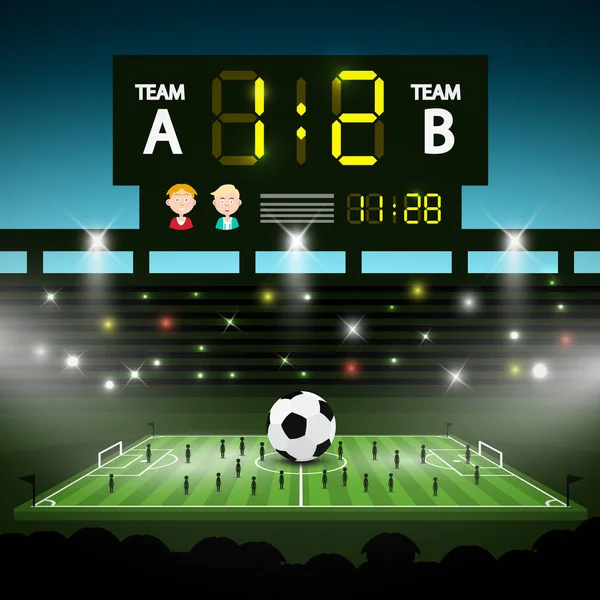 Football Playground with Big Scoreboard. Soccer Stadium with Players Vector Illustration. — Stock Vector