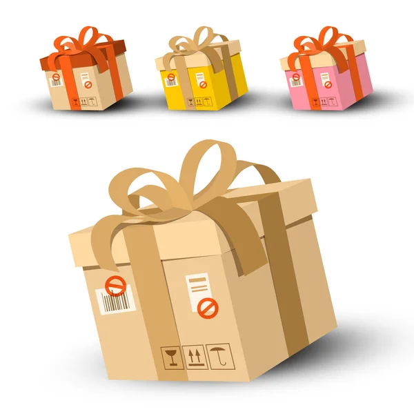 Vector Cardboard Parcels Set with Address and Stamp — Stock Vector