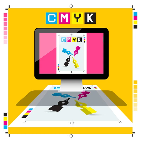 CMYK Printing Document on PC with Marks - векторный DTP — стоковый вектор