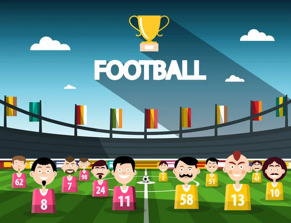 Symbole de compétition de football avec coupe et équipe sur le stade. Vecteur . — Image vectorielle