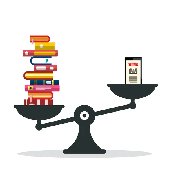 Libri pesanti vs E-book Reader su scale — Vettoriale Stock