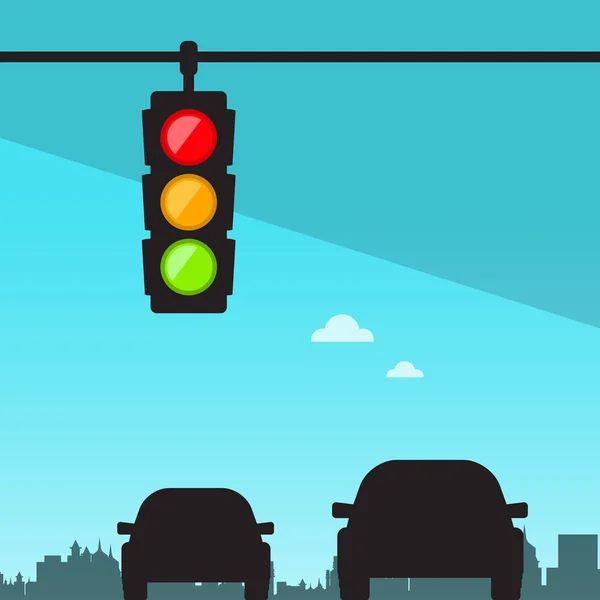 Luzes de trânsito - Semáforo na cidade com silhueta de carros. Vetor . —  Vetores de Stock