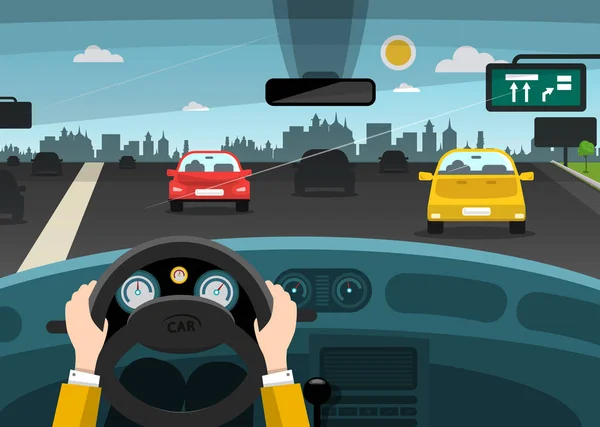 Automobiles on Street - Highway with City on Background. Vector Car Interior com as mãos no volante . — Vetor de Stock