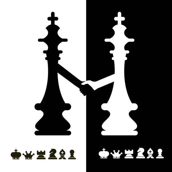 Schwarz-weiße Schachkönige per Handschlag. Deal - Friedensikone. — Stockvektor