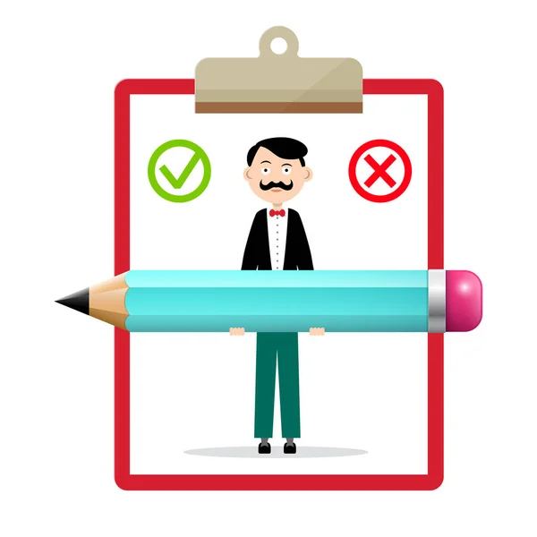 Check Mark Icons with Notebook. Vector Man with Big Pencil. — Stock Vector