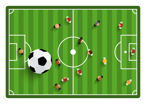 Fútbol - Campo de fútbol vista superior con jugadores y pelota — Vector de stock