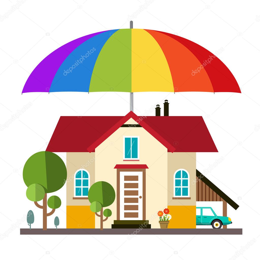 Family House with Big Colorful Umbrella - Parasol. Protection and Safety Symbol for Insurance Agencies. Vector.