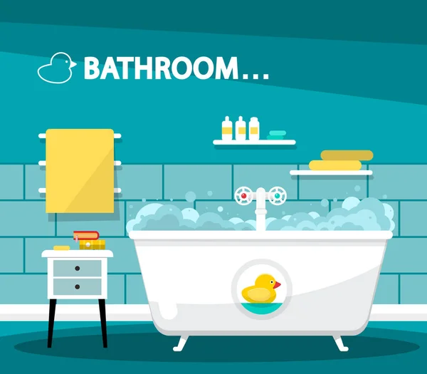バスルーム バスタブ漫画。ゴム製のアヒルと家具のベクトル フラット設計図. — ストックベクタ