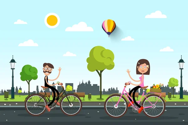 Man och kvinna på cyklar på vägen med stadsparken på bakgrunden. Vektor tecknad. Hälsosam dag i stan. — Stock vektor