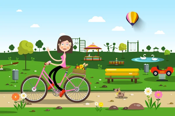 Frau auf Fahrrad im Stadtzentrum mit Spielplatz im Hintergrund - Vektor — Stockvektor