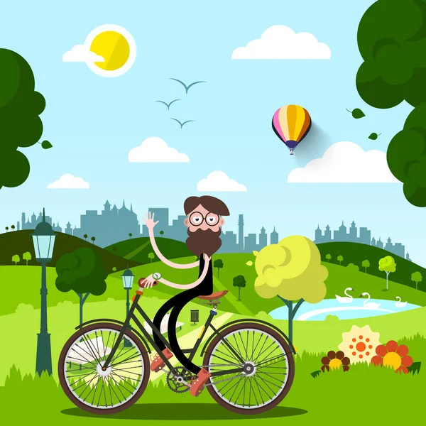 Día soleado en el parque de la ciudad con el hombre ondeando en bicicleta — Vector de stock