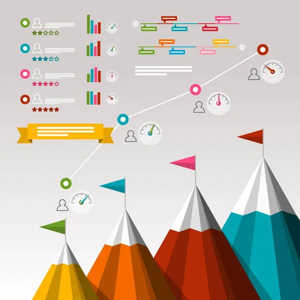 Zaman çizelgesi iş Infographics öğeleri ile. Dağlar bayrakları ve yakıt sembolleri ile. Başarı kavramı. — Stok Vektör