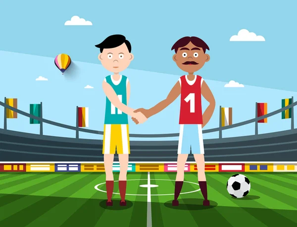 Jogadores de futebol segurando as mãos no estádio de futebol. Ilustração vetorial . — Vetor de Stock