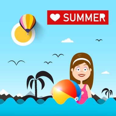 Denizde plaj topu olan kadın. Okyanus dalgaları ile yaz vektör çizim seviyorum.